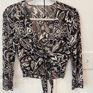 Floral Sheer Tie-Front Crop Top - Black & White